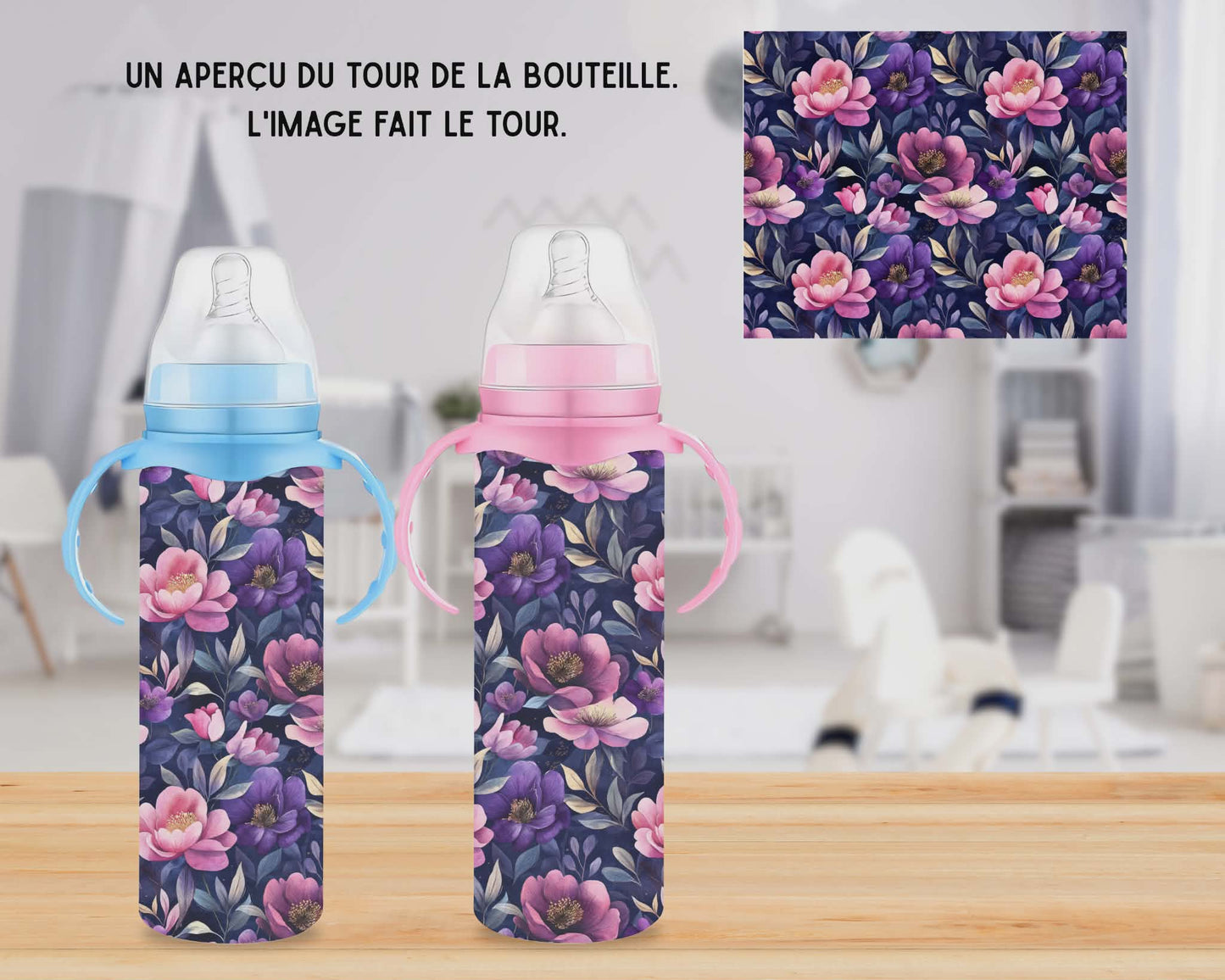 🍼 Biberons sublimé - Fleuris rose et mauve