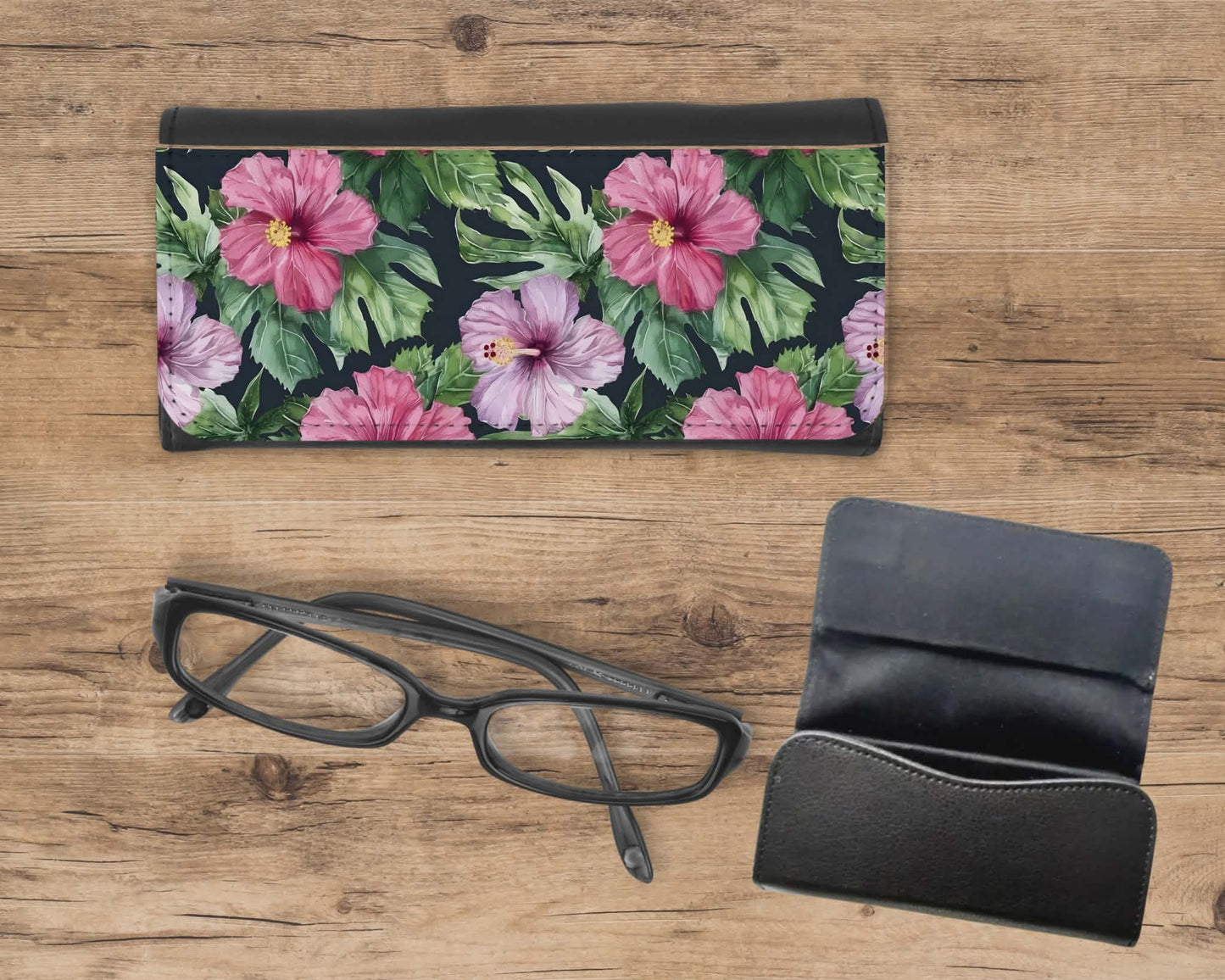 Étui à lunette - Fleur rose mauve avec feuillage