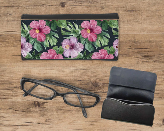 Étui à lunette - Fleur rose mauve avec feuillage