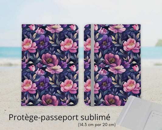 Protège-passeport sublimé - Fleurs rose et mauve
