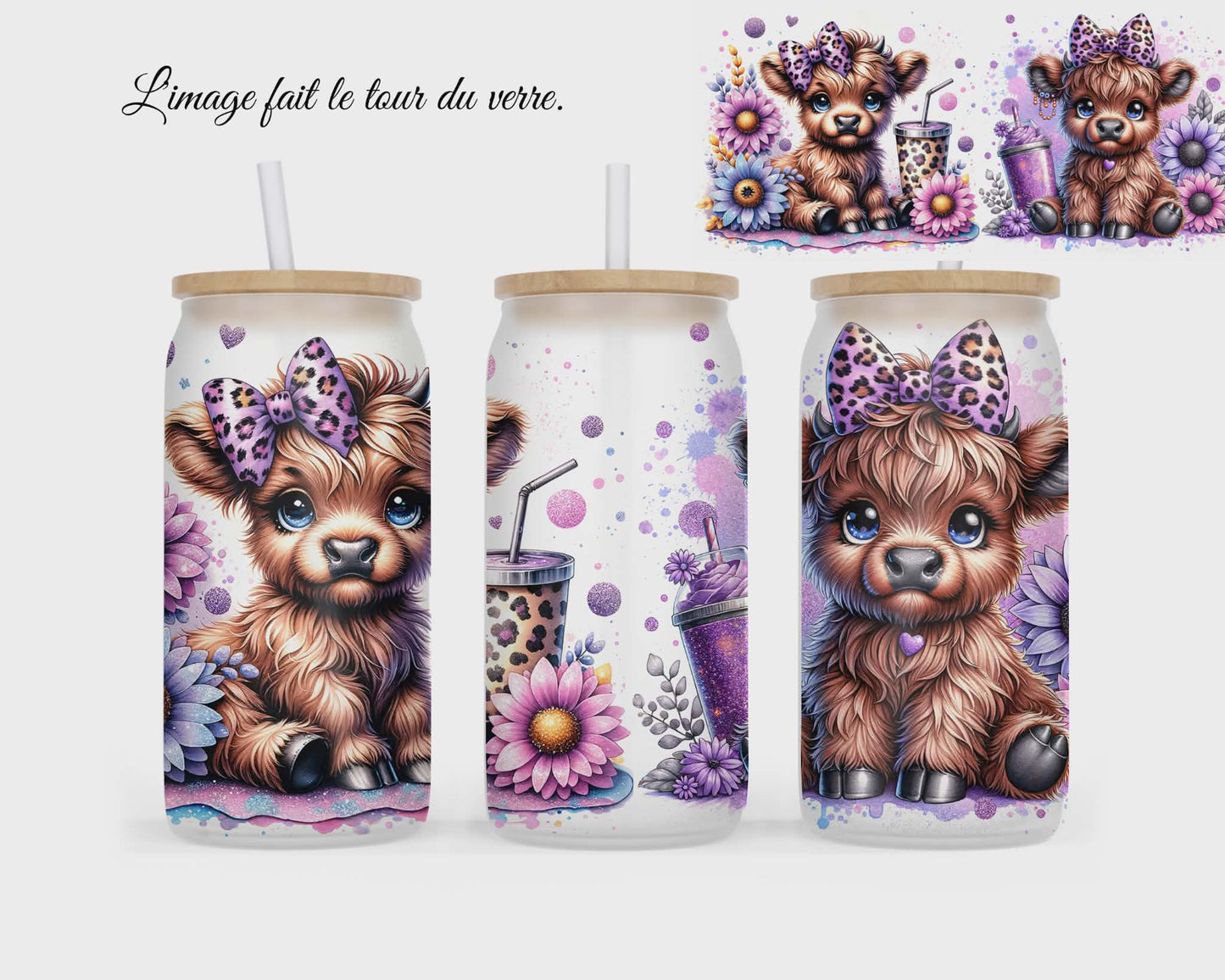 🥤 Verre givré sublimé – vache highland boucle mauve