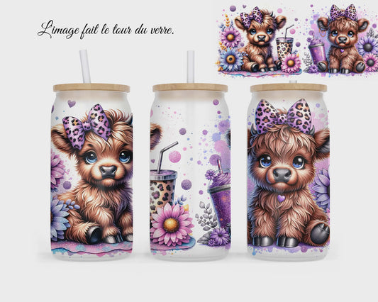 🥤 Verre givré sublimé – vache highland boucle mauve