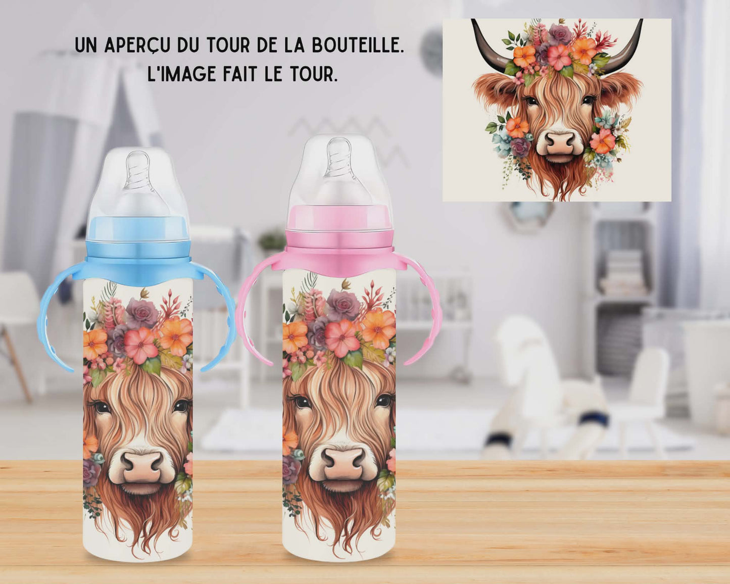 🍼 Biberons sublimé - Vache highland fleuris