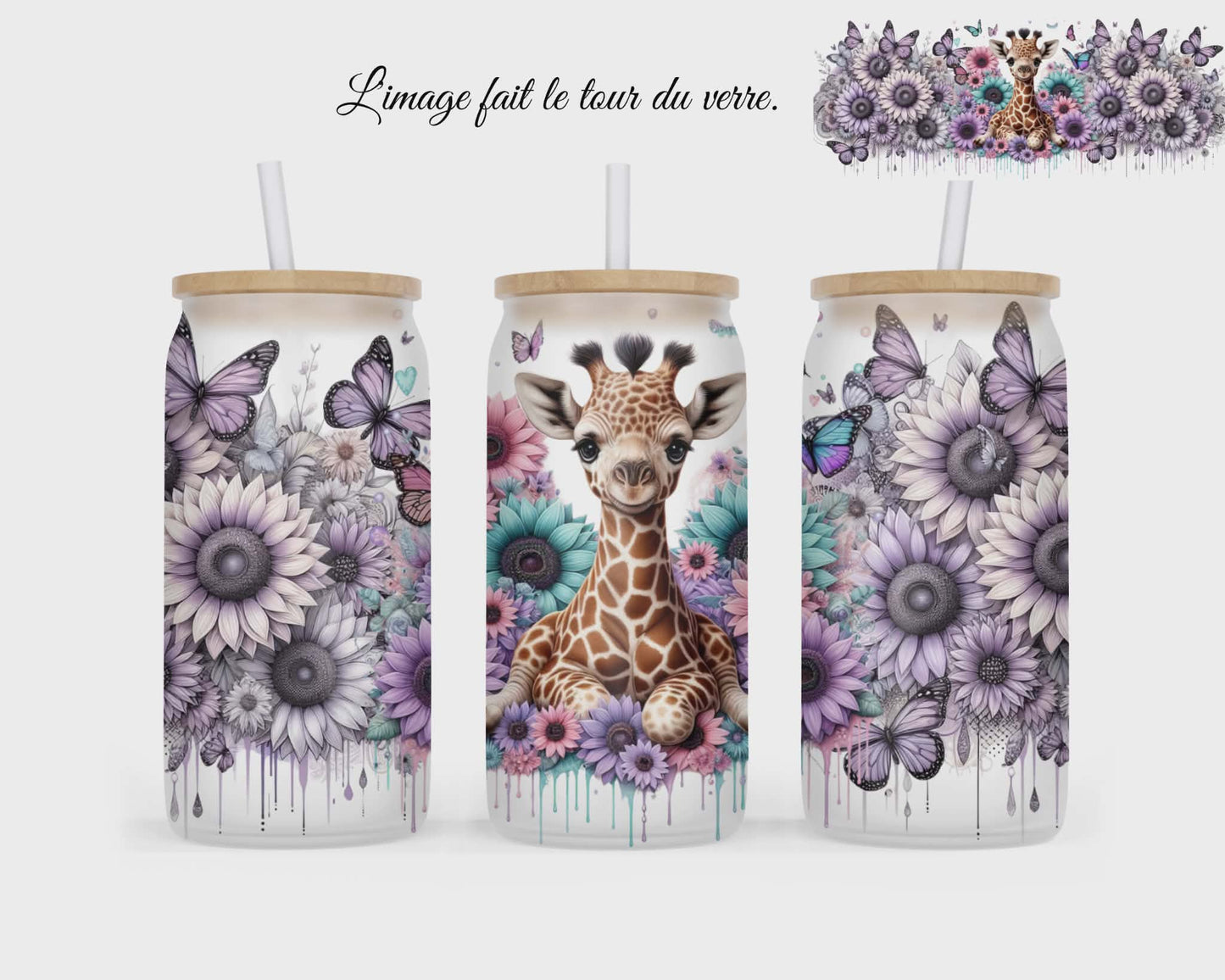 🥤 Verre givré sublimé – girafe et fleur mauve