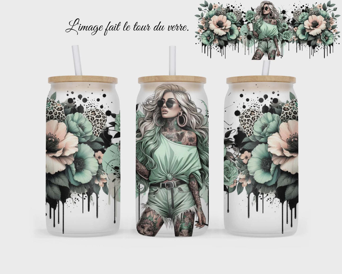 🥤 Verre givré sublimé – fille avec fleur bleu