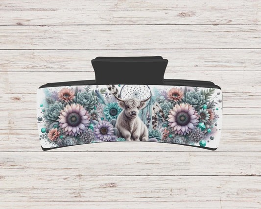 Pince à cheveux - vache highland tournesol rose