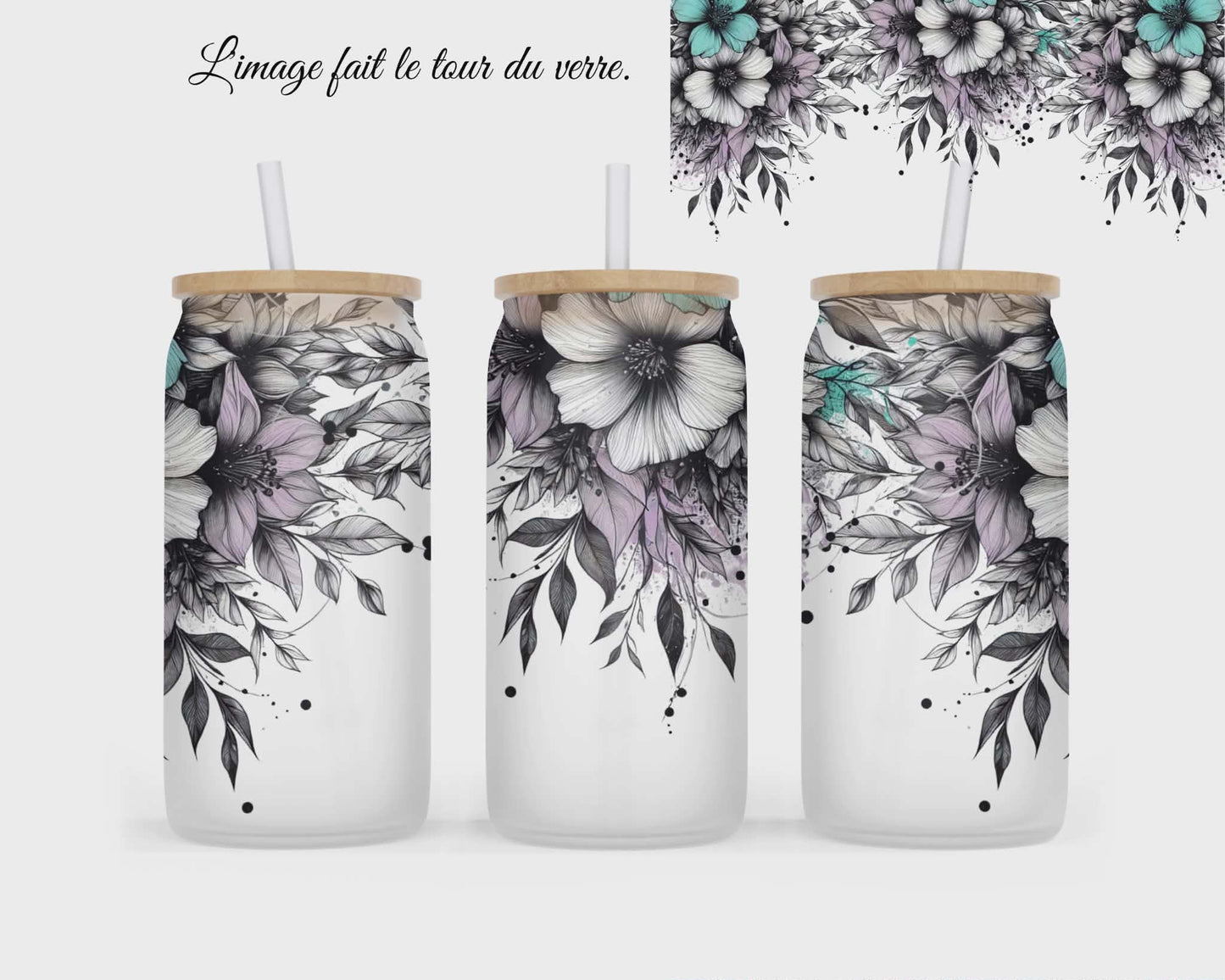 🥤 Verre givré sublimé – fleuri blanc et mauve