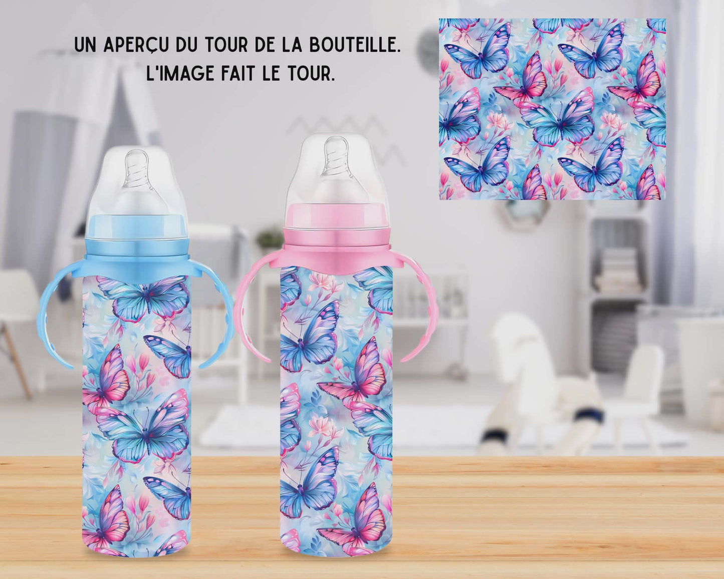 🍼 Biberons sublimé - papillon bleu et rose
