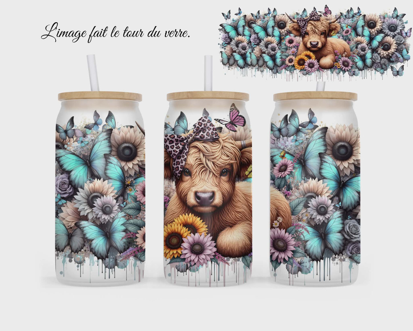 🥤 Verre givré sublimé – vache highland papillon bleu