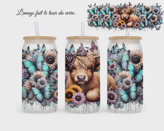 🥤 Verre givré sublimé – vache highland papillon bleu