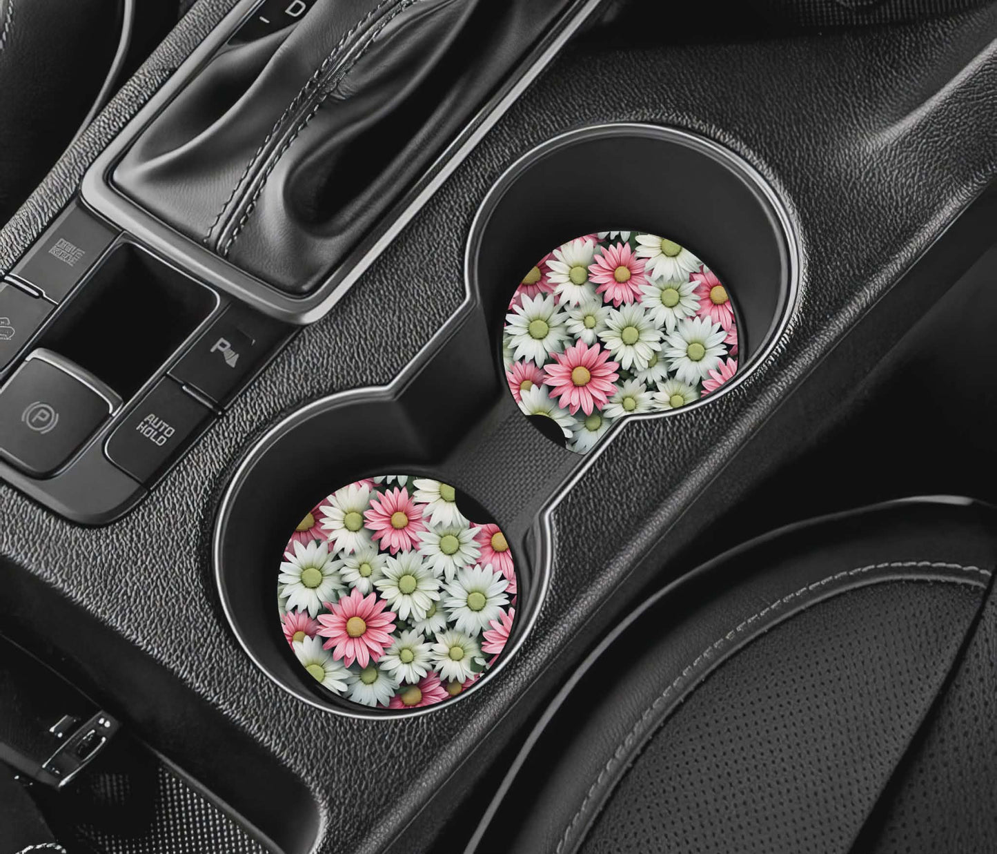 Sous-verre auto - marguerites rose et blanche