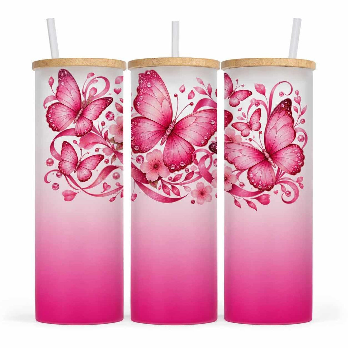 Verre givré 25 oz - Papillon rose