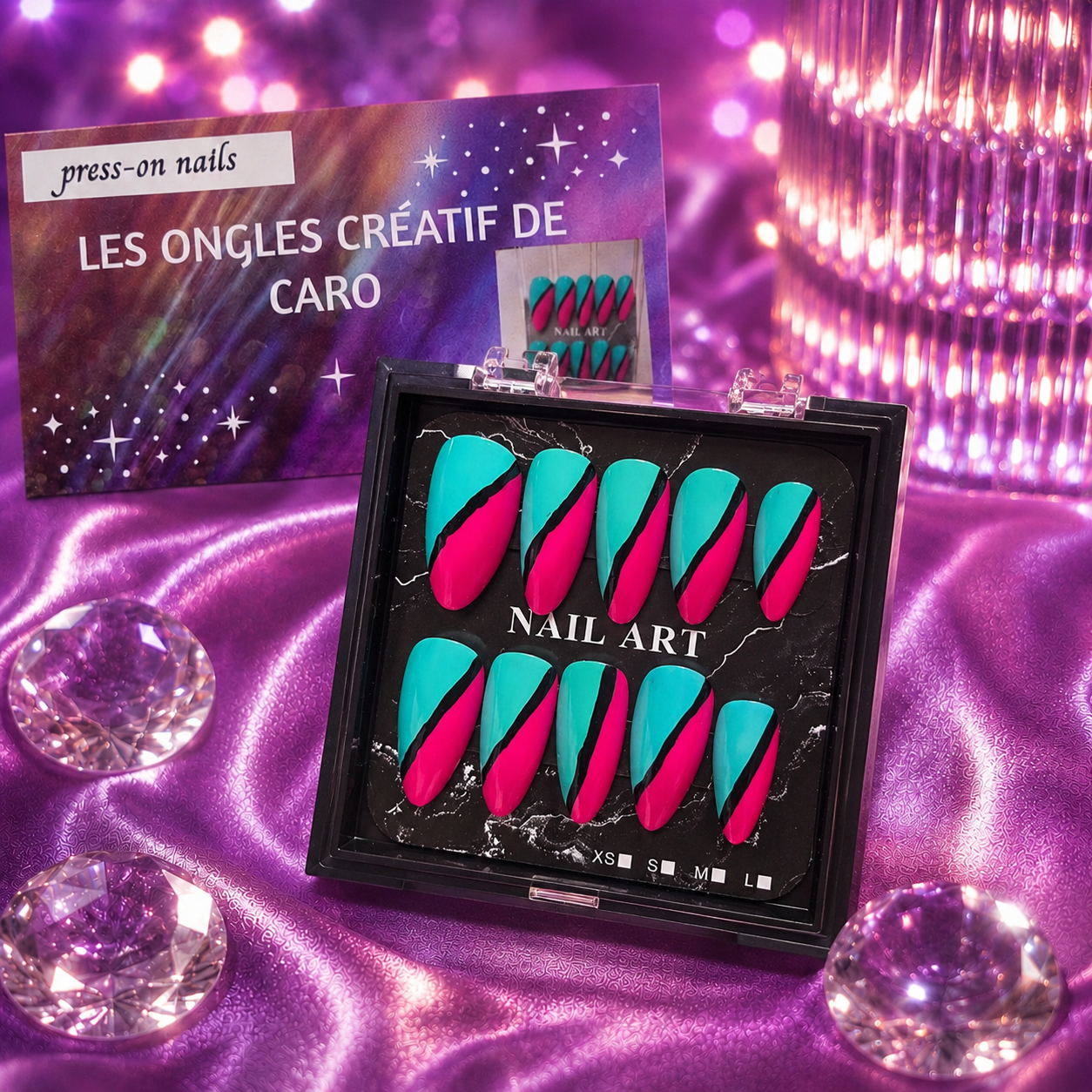 Ensemble de 24 ongles press-on réutilisables - Rose&Bleu