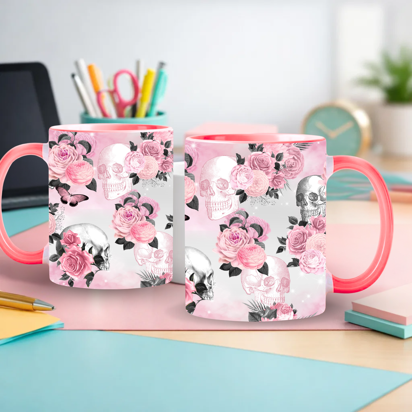 Tasse rose - Crâne fleuri
