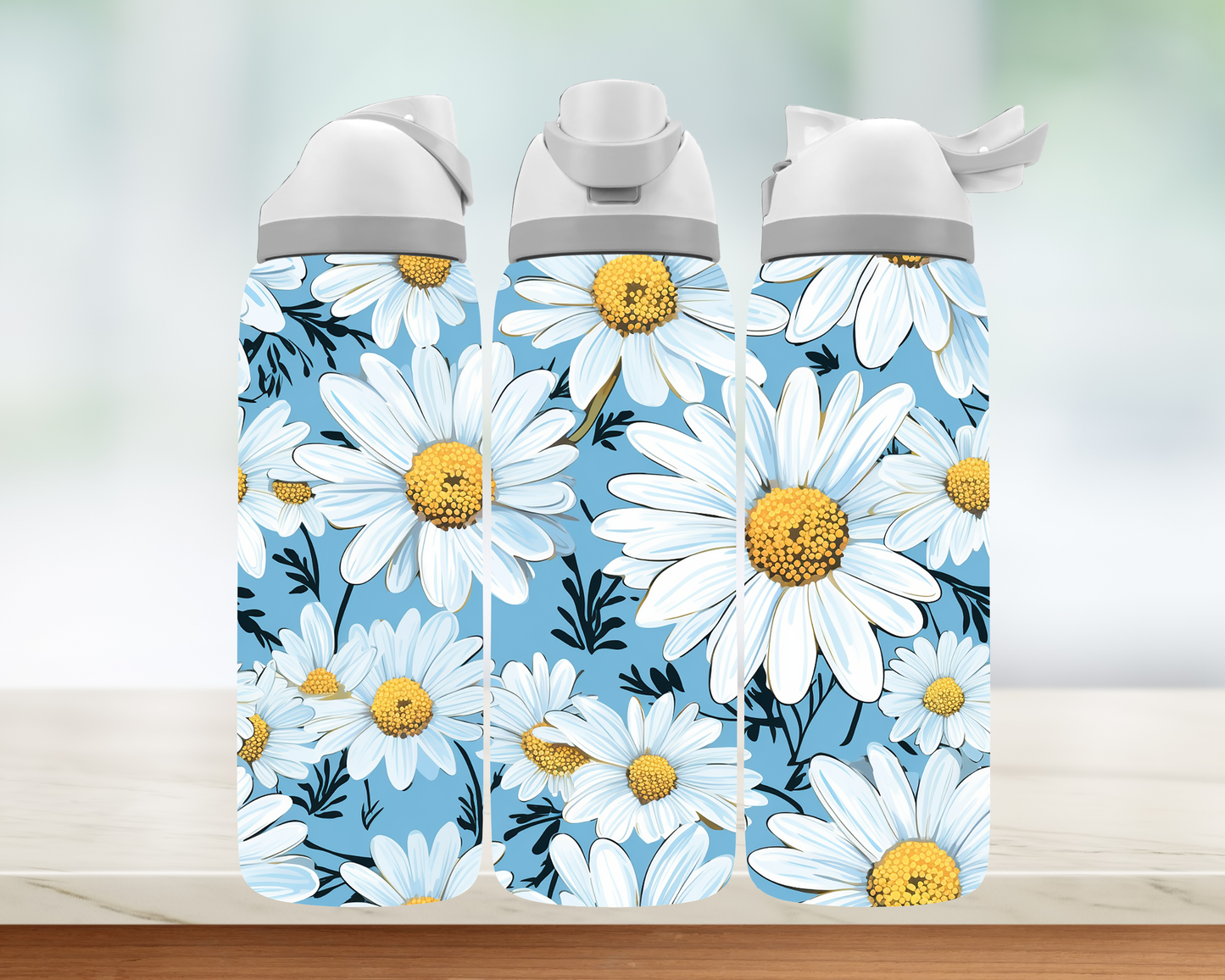 Bouteille style Owala - Fleurs blanches fond bleu