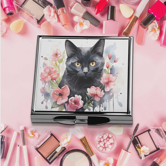 Miroir de poche -Chat noir et fleur