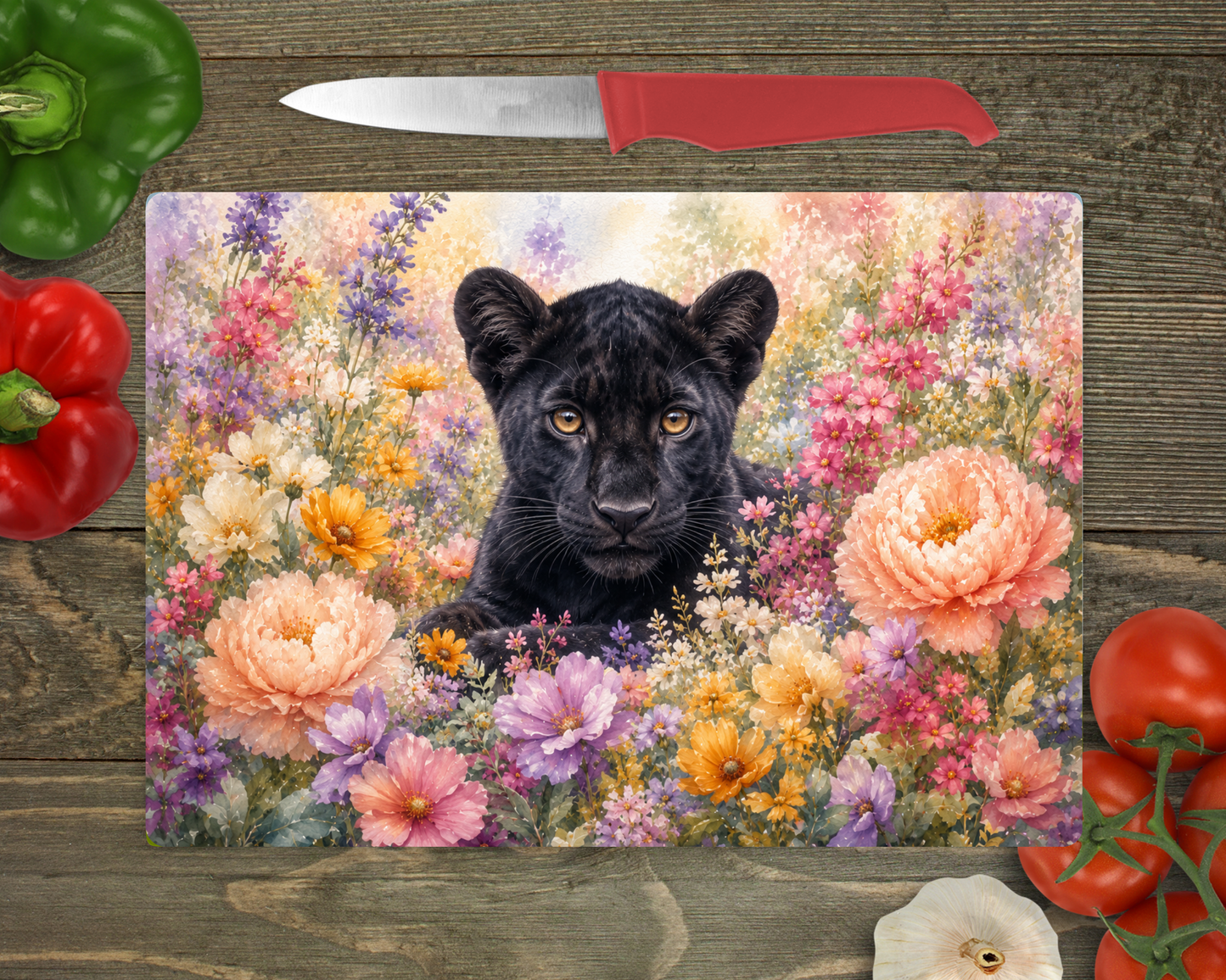 Planche de service - Panthère fleurs
