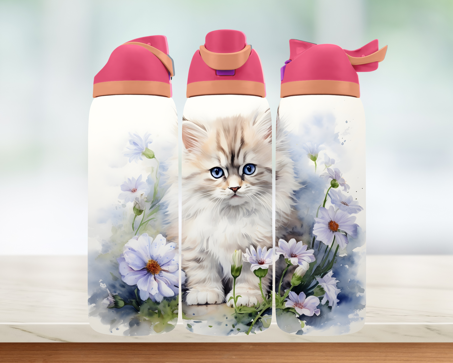 Bouteille style Owala - Chat Fleurs Mauves