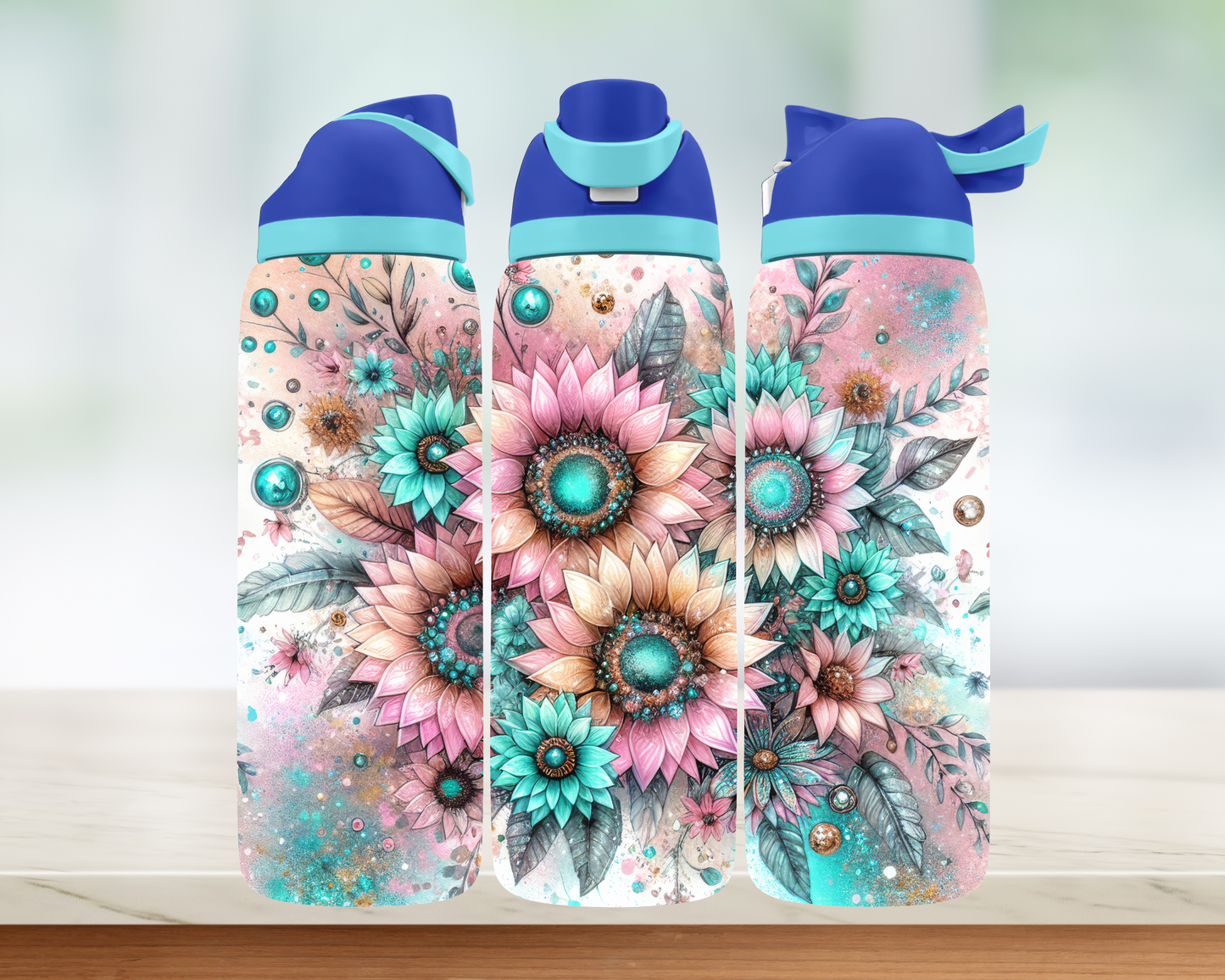 Bouteille style Owala - Fleurs roses et bleu