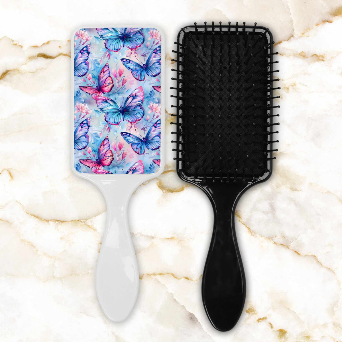 Brosse à cheveux - Papillon rose et bleu