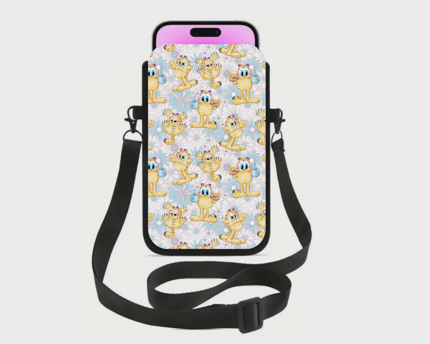 📱 Sac à cellulaire sublimé – Chat roux et fleurs