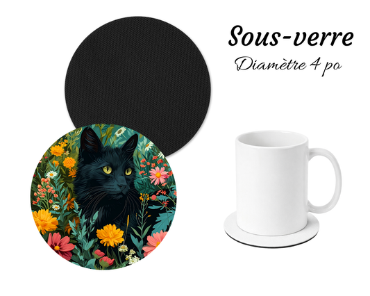 Sous-verre - Chat Noir Fleurs