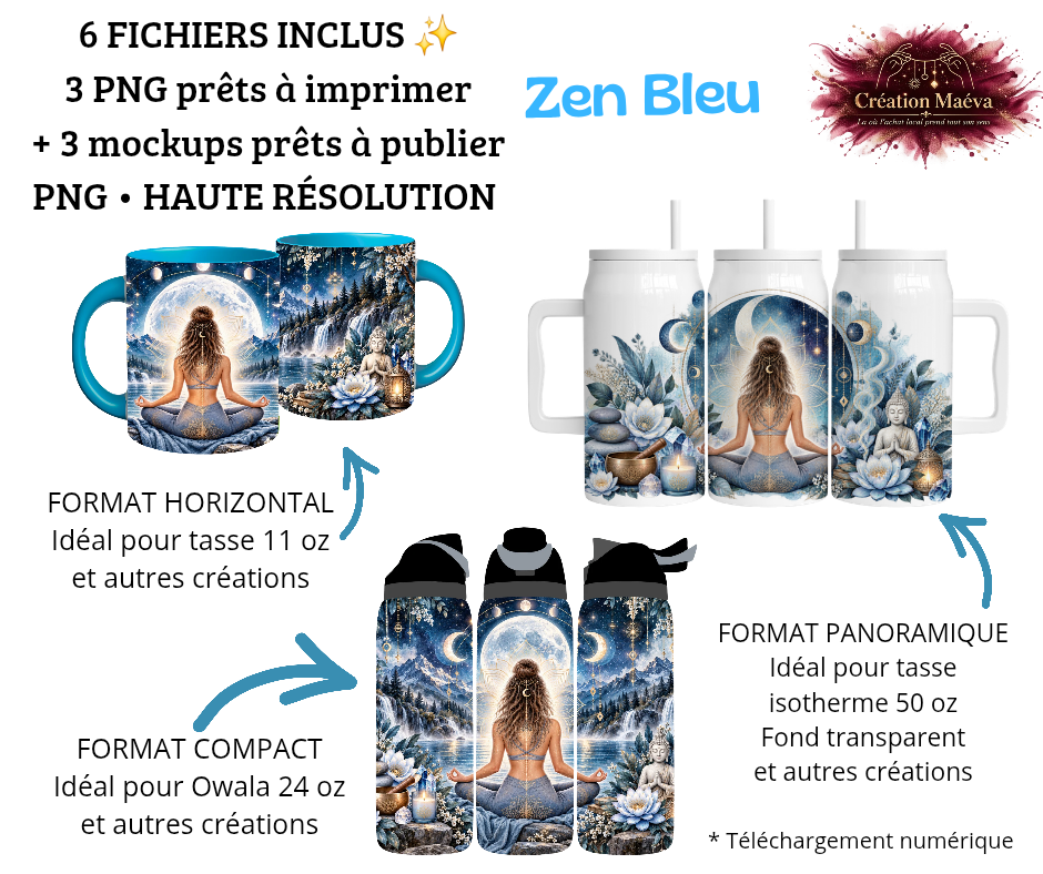 PNG Sublimation - Zen Bleu (3 formats d'images + 3 mocked up)