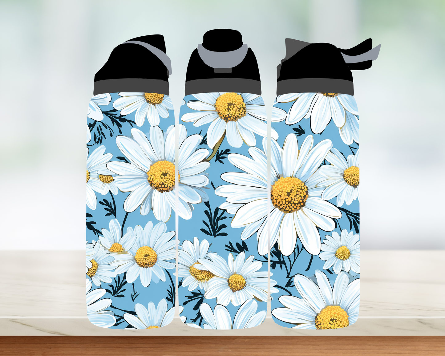 Bouteille style Owala - Fleurs blanches fond bleu
