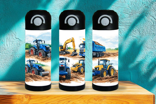 Bouteille enfant 12 oz - Tracteur bleu et jaune