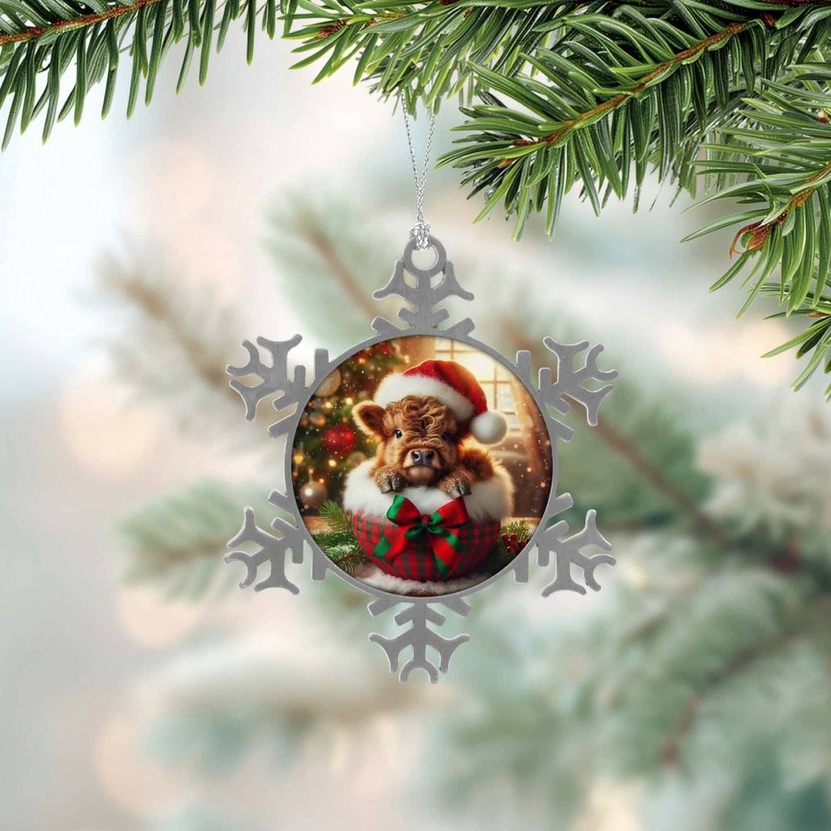 ❄️ Boule de Noël flocon – Vache cadeau