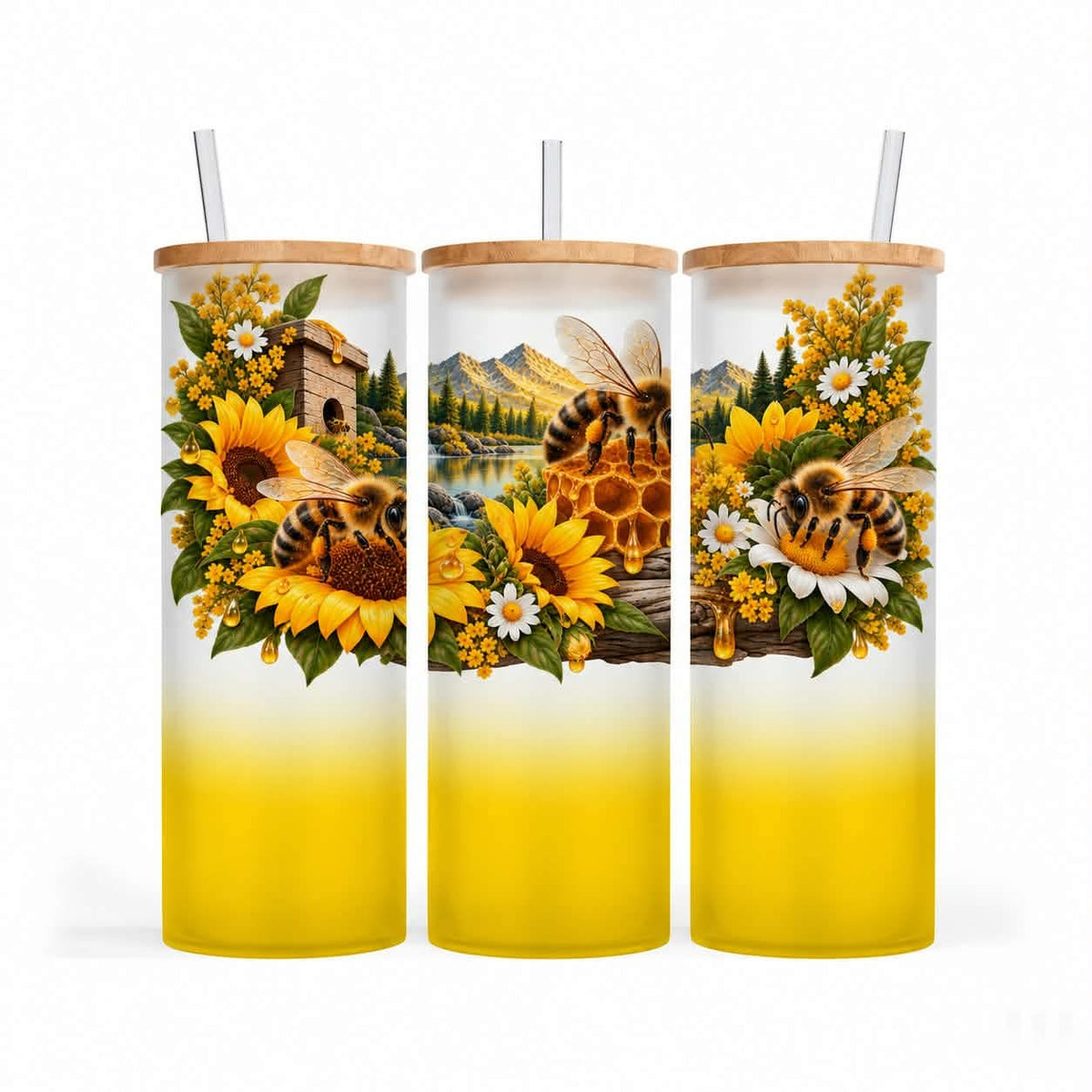 Verre givré 25 oz - Paysage et abeille