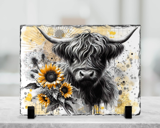 Plaque en ardoise sublimé - Vache tournesol
