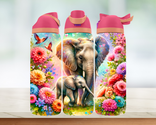 Bouteille style Owala - Éléphant fleurs