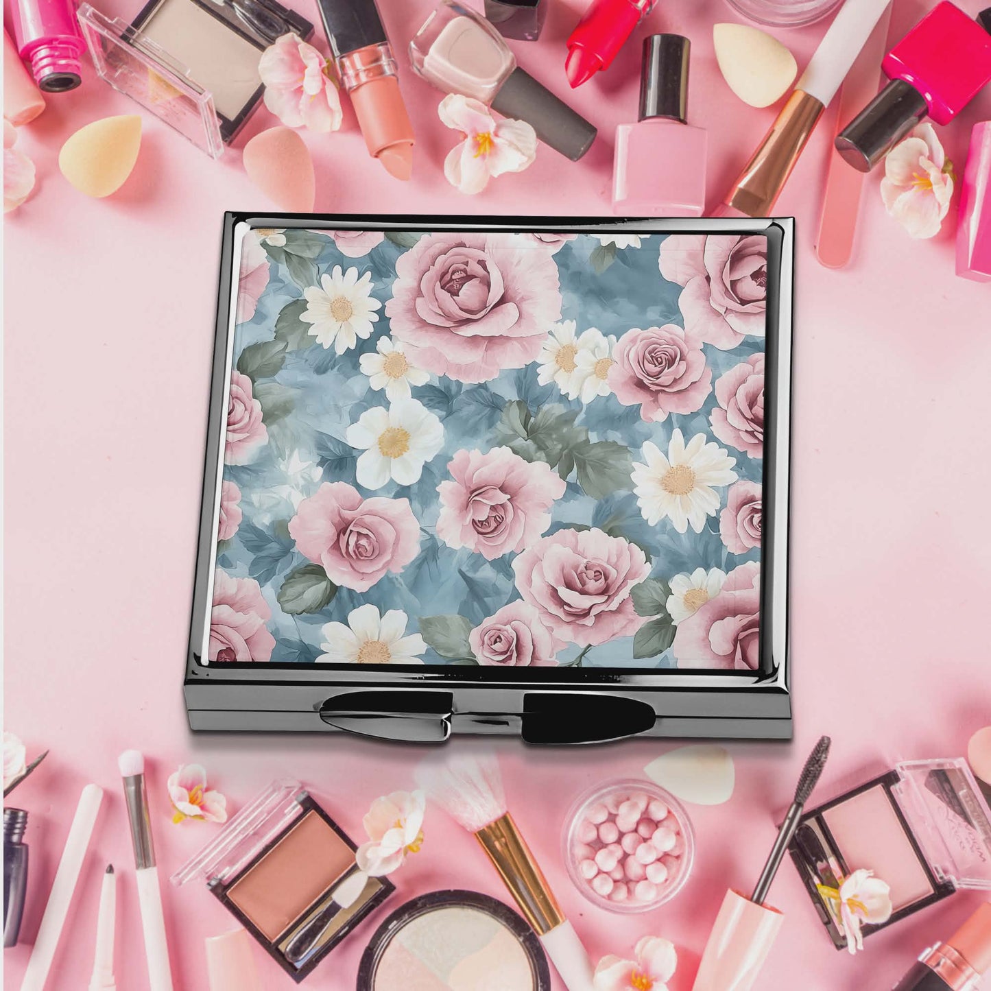 Miroir de poche -Rose fond bleu
