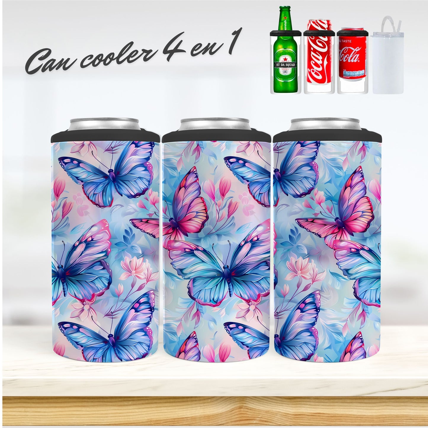 CAN COOLER 4 en 1 - Papillons bleu et rose