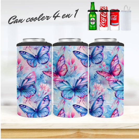 CAN COOLER 4 en 1 - Papillons bleu et rose