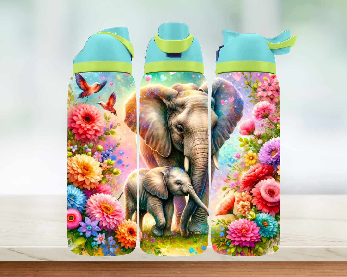 Bouteille style Owala - Éléphant fleurs