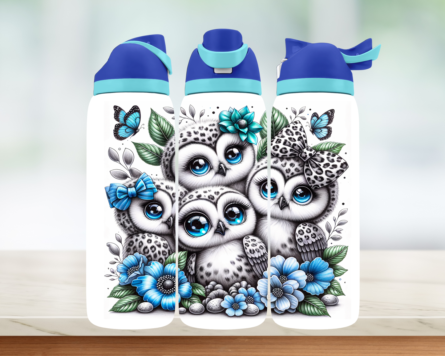 Bouteille style Owala 32 oz - Hibou bleu