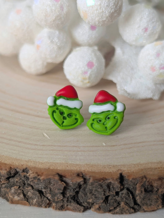 Gr!nch - Boucles d'oreilles studs en argile polymère et acier inoxydable hypoallergène