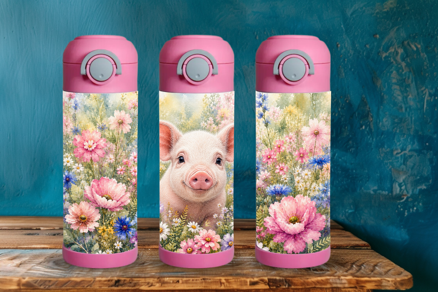 Bouteille enfant 12 oz - Cochon fleurs
