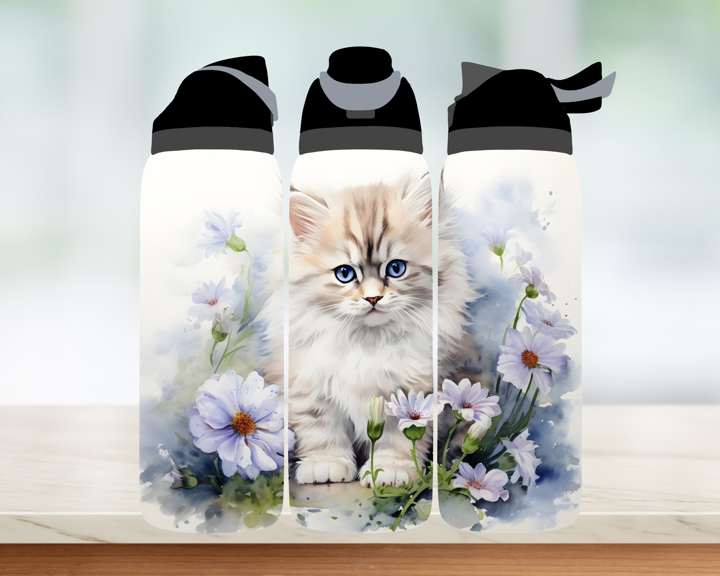 Bouteille style Owala - Chat Fleurs Mauves