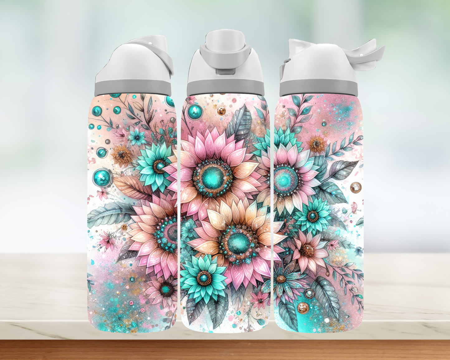 Bouteille style Owala - Fleurs roses et bleu