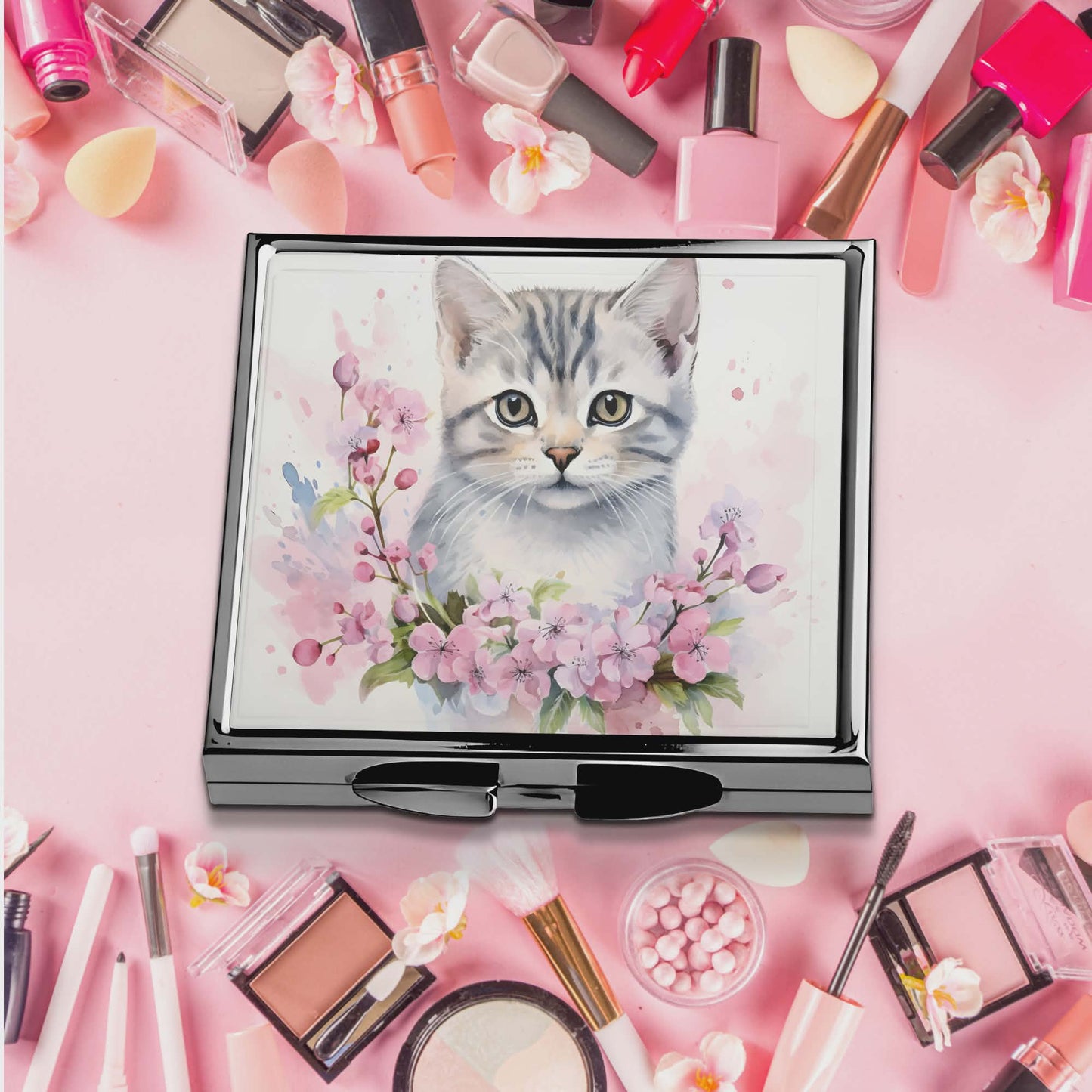 Miroir de poche -Chat gris et fleur