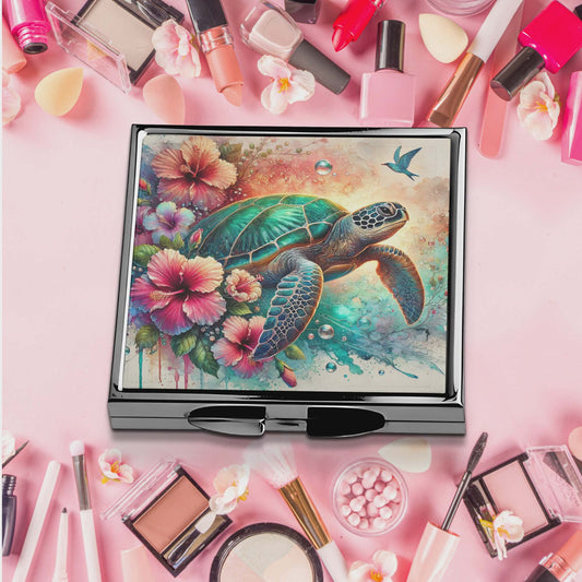 Miroir de poche - tortue et fleur hibiscus