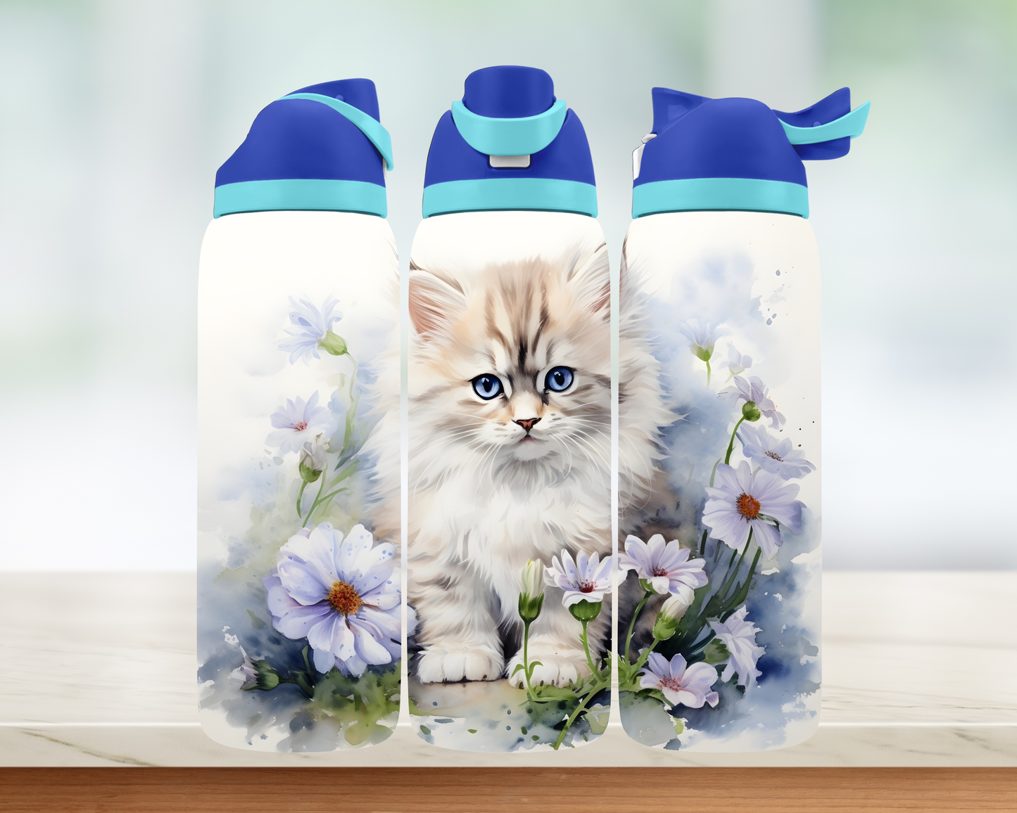 Bouteille style Owala - Chat Fleurs Mauves