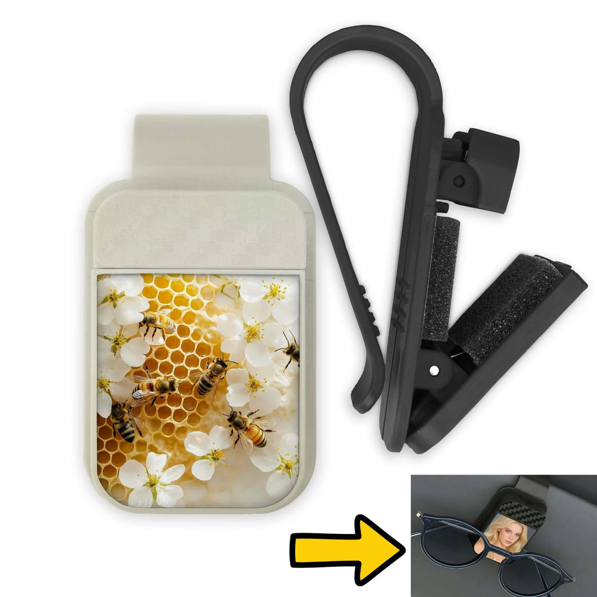 Porte-lunette pour voiture - Abeille et fleurs blanches
