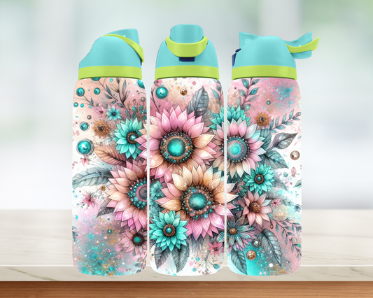 Bouteille style Owala - Fleurs roses et bleu