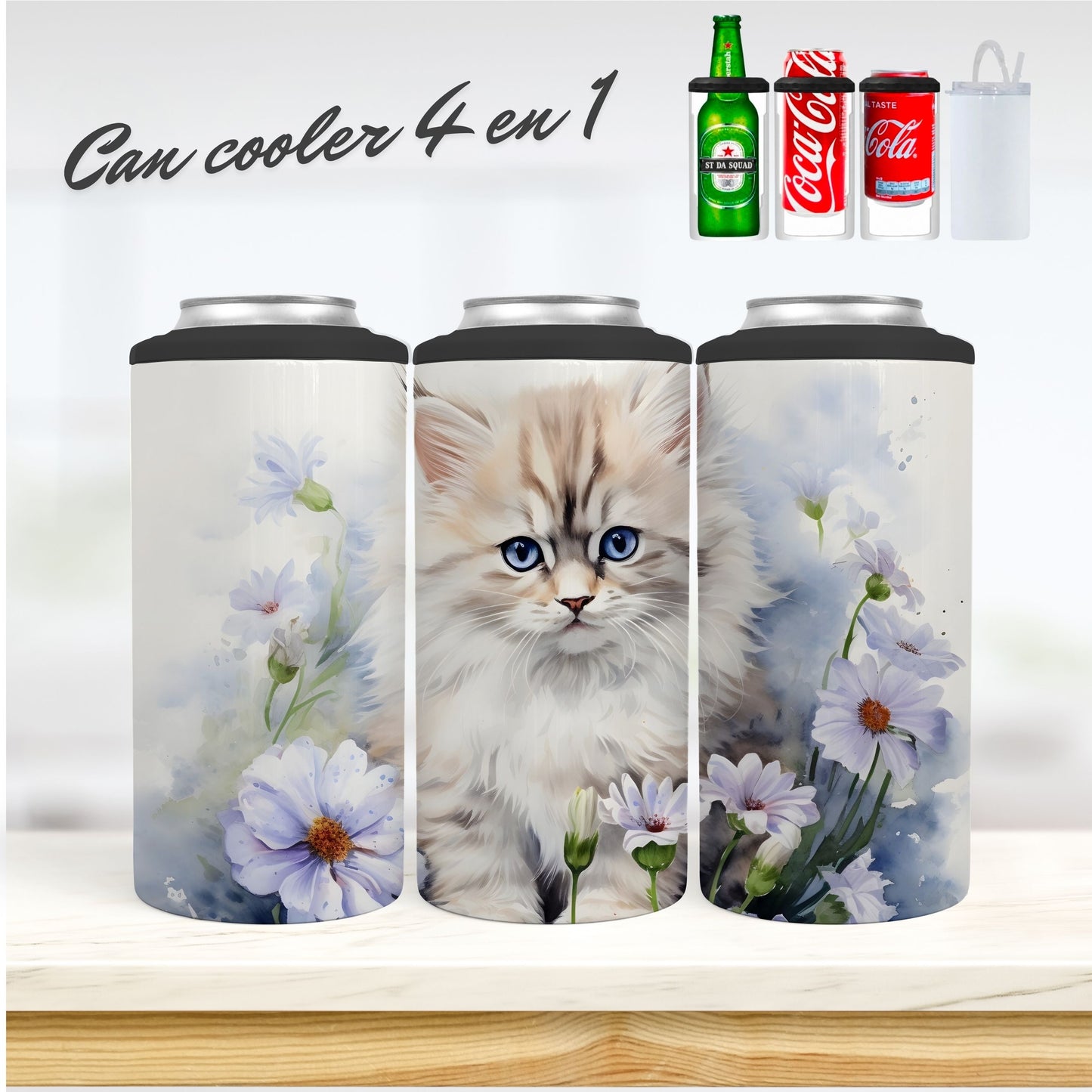 CAN COOLER 4 en 1 - Chat fleurs mauves