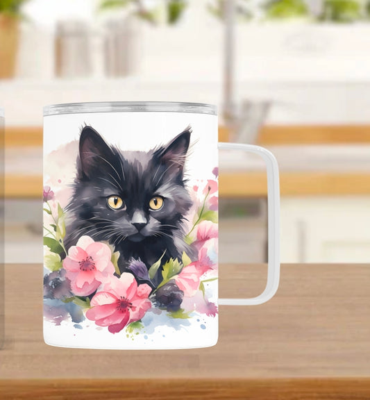 Tasse isotherme - Chat Noir Fleurs
