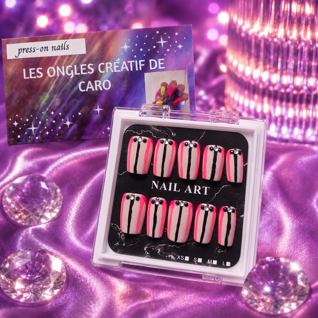 Ensemble de 24 ongles press-on réutilisables - Rose&noir
